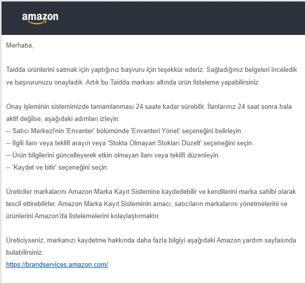 Amazon onay e-postası: Taidda markası onaylandı