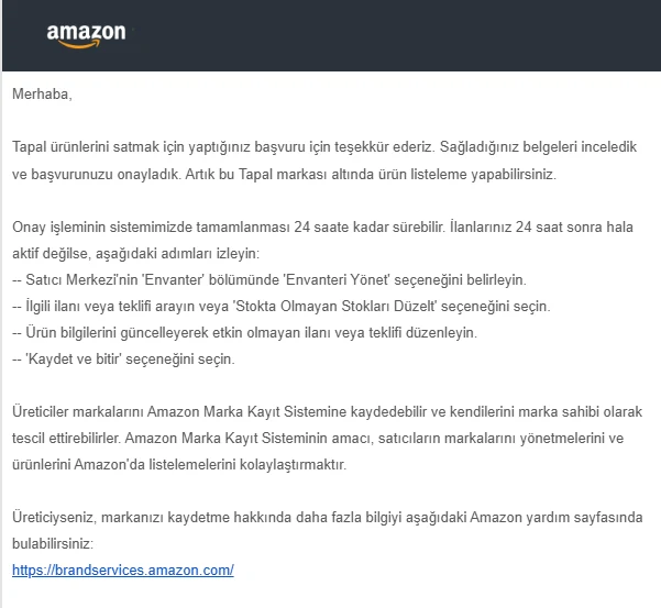 Amazon onay e-postası: Tapal markası onaylandı