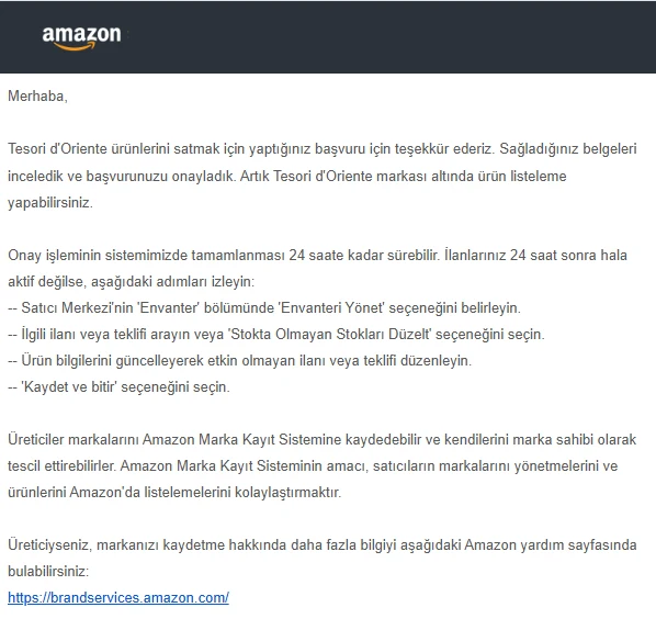 Amazon onay e-postası: Tesori d'Oriente markası onaylandı
