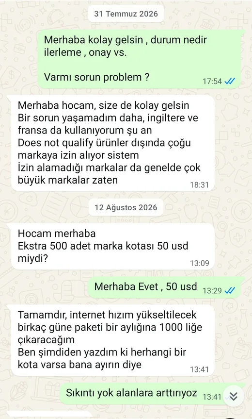 WhatsApp kullanıcı mesajı: İngiltere ve Fransa'da kullanıyor, kota artırıyor. Kişisel bilgiler bulanıklaştırıldı