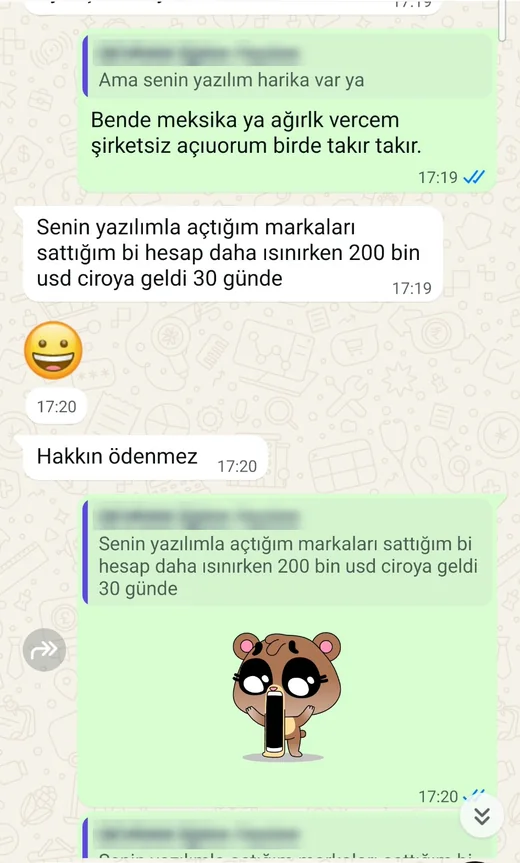 WhatsApp kullanıcı mesajı: Hesap ısınırken 30 günde 200 bin USD ciro beyanı. Kişisel bilgiler bulanıklaştırıldı