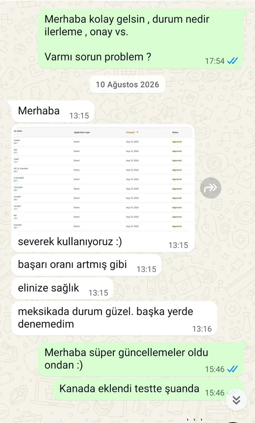 WhatsApp kullanıcı mesajı: Toplu Approved ekranı: “severek kullanıyoruz”. Kişisel bilgiler bulanıklaştırıldı