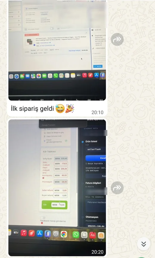 WhatsApp kullanıcı mesajı: Meksika'da ilk sipariş ve kâr tablosu. Kişisel bilgiler bulanıklaştırıldı